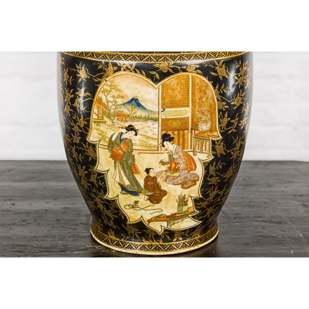 Inspired Black and Gold Vase with Family Scenes and Foo Dog Handles-5. Asian & Chinese Furniture, Art, Antiques, Vintage Home Décor for sale at FEA Home