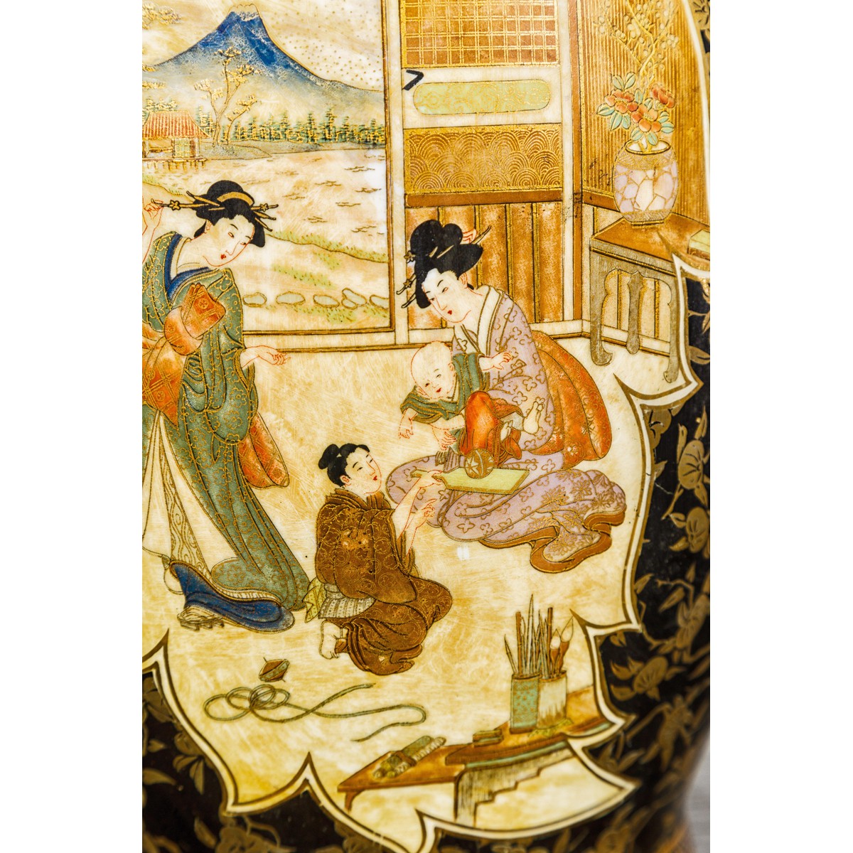 Inspired Black and Gold Vase with Family Scenes and Foo Dog Handles-6. Asian & Chinese Furniture, Art, Antiques, Vintage Home Décor for sale at FEA Home