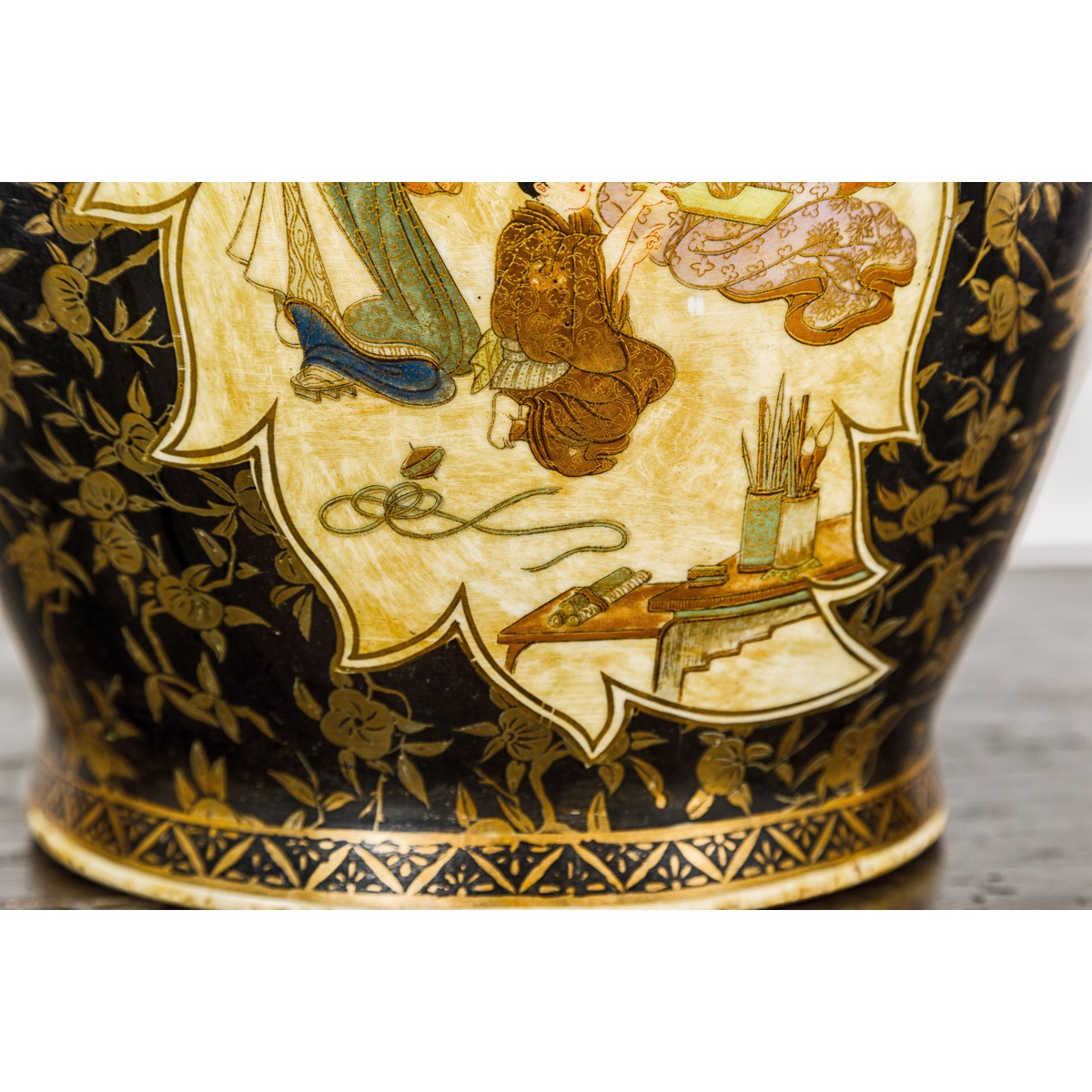 Inspired Black and Gold Vase with Family Scenes and Foo Dog Handles-7. Asian & Chinese Furniture, Art, Antiques, Vintage Home Décor for sale at FEA Home
