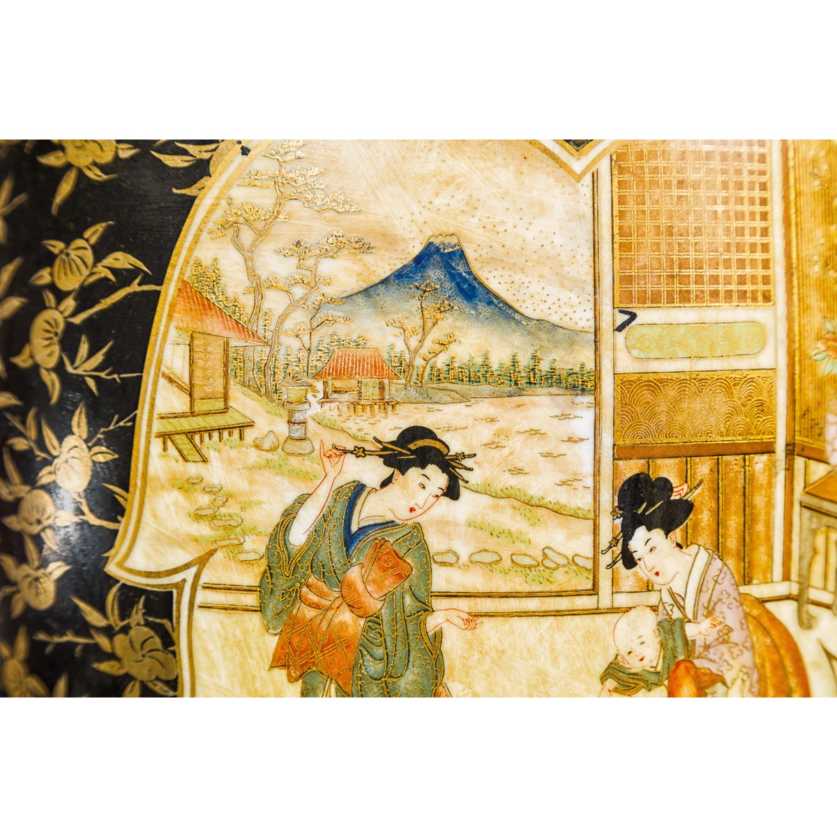 Inspired Black and Gold Vase with Family Scenes and Foo Dog Handles-8. Asian & Chinese Furniture, Art, Antiques, Vintage Home Décor for sale at FEA Home