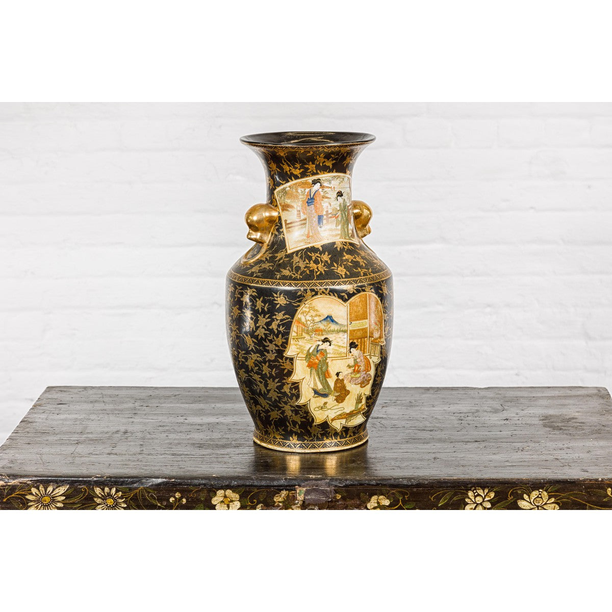 Inspired Black and Gold Vase with Family Scenes and Foo Dog Handles-9. Asian & Chinese Furniture, Art, Antiques, Vintage Home Décor for sale at FEA Home