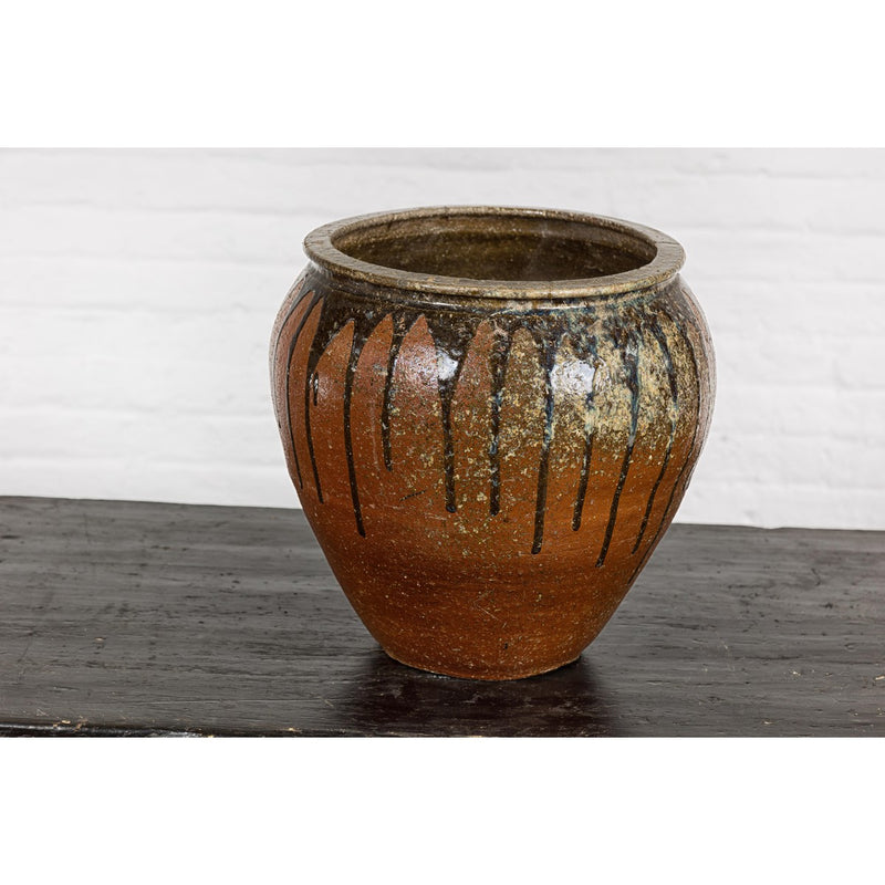 Tamba Ware Brown Glazed Ceramic Salt Pot Planter with Dripping-YNE724-10. Asian & Chinese Furniture, Art, Antiques, Vintage Home Décor for sale at FEA Home