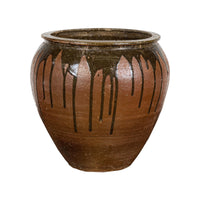 Tamba Ware Brown Glazed Ceramic Salt Pot Planter with Dripping