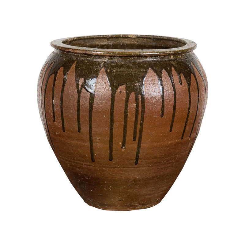 Tamba Ware Brown Glazed Ceramic Salt Pot Planter with Dripping-YNE724-16. Asian & Chinese Furniture, Art, Antiques, Vintage Home Décor for sale at FEA Home