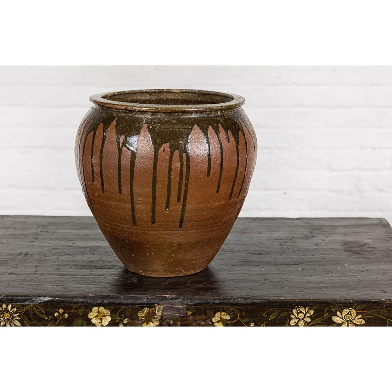 Tamba Ware Brown Glazed Ceramic Salt Pot Planter with Dripping-YNE724-4. Asian & Chinese Furniture, Art, Antiques, Vintage Home Décor for sale at FEA Home