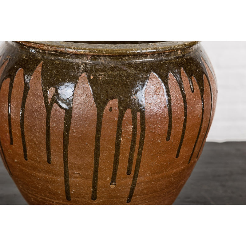 Tamba Ware Brown Glazed Ceramic Salt Pot Planter with Dripping-YNE724-6. Asian & Chinese Furniture, Art, Antiques, Vintage Home Décor for sale at FEA Home