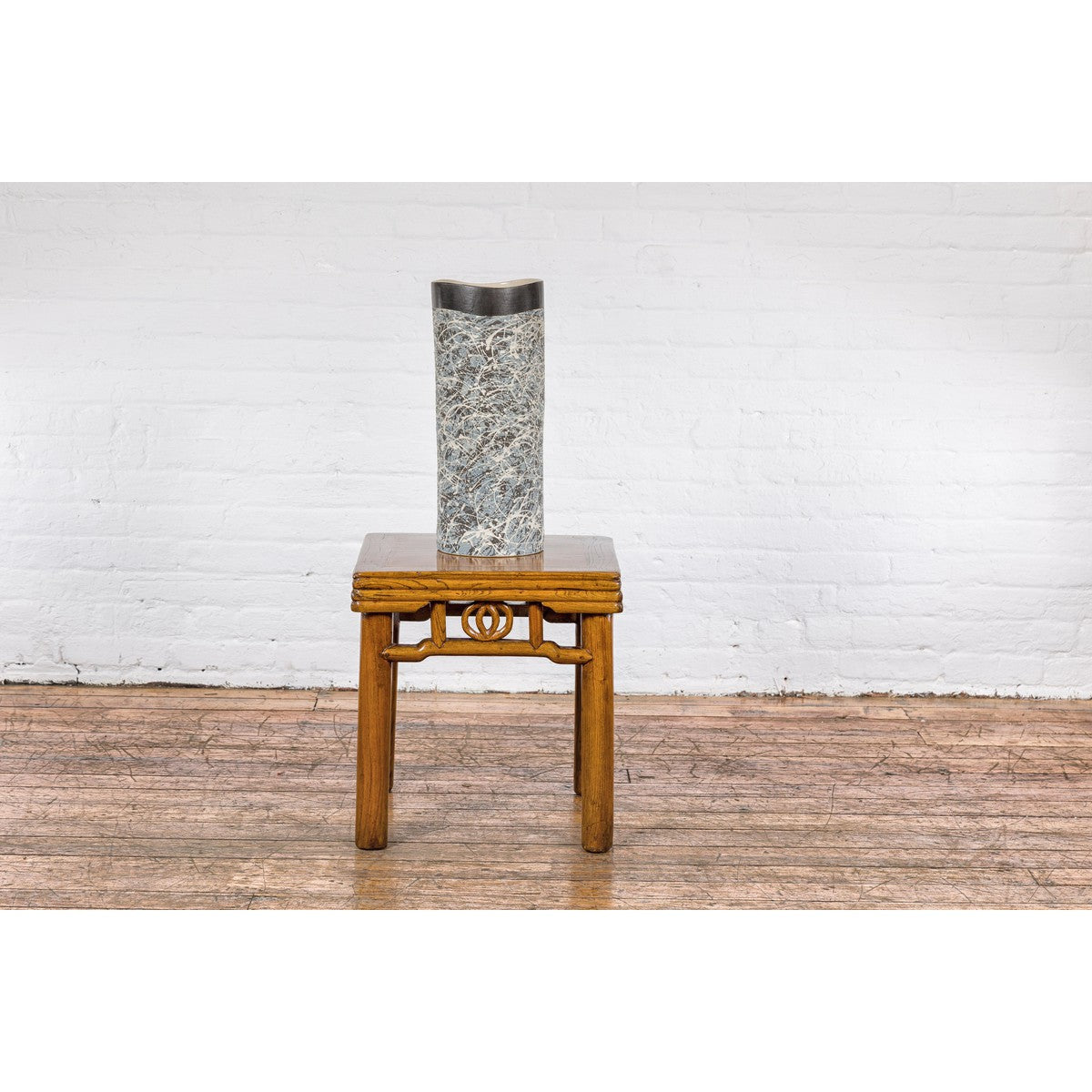 Textured Blue Gray, White, Brown and Black Spattered Ceramic Vase-2. Asian & Chinese Furniture, Art, Antiques, Vintage Home Décor for sale at FEA Home