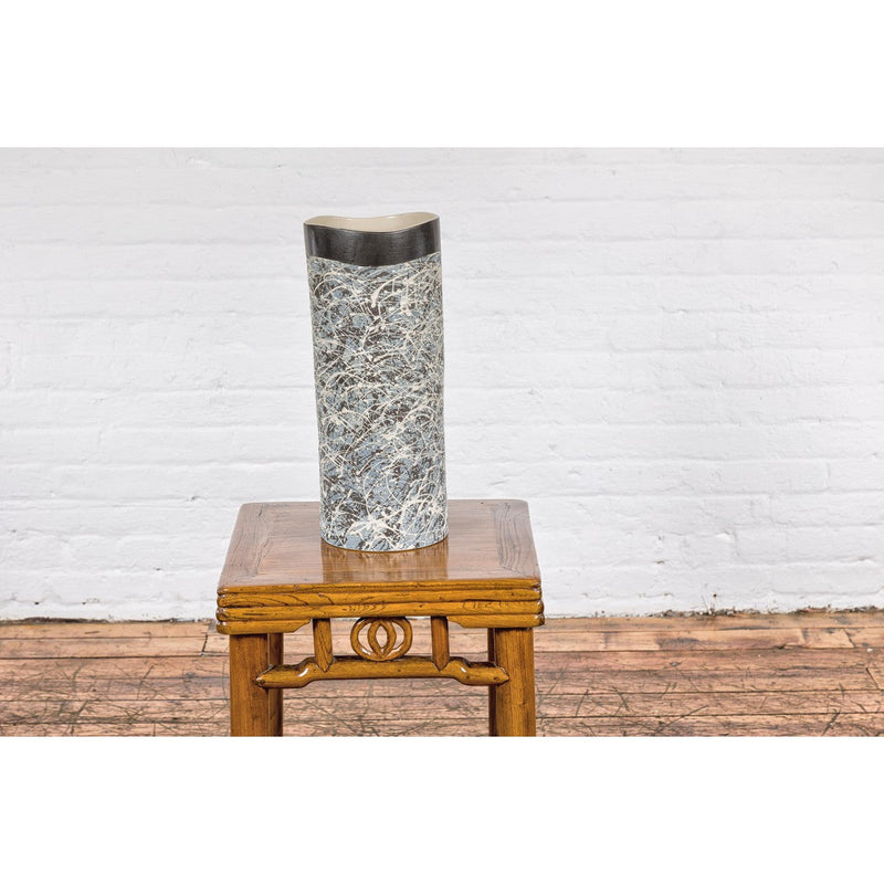 Textured Blue Gray, White, Brown and Black Spattered Ceramic Vase-YNE797-5. Asian & Chinese Furniture, Art, Antiques, Vintage Home Décor for sale at FEA Home