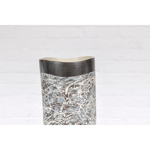 Textured Blue Gray, White, Brown and Black Spattered Ceramic Vase-YNE797-7. Asian & Chinese Furniture, Art, Antiques, Vintage Home Décor for sale at FEA Home