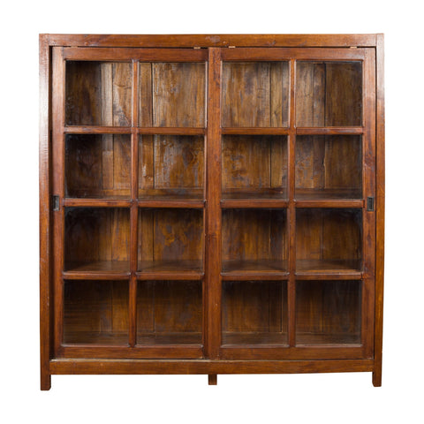 1940s Vintage Javanese Brown Wood Bookcase with Sliding Paneled Glass Doors-YN1394-1. Asian & Chinese Furniture, Art, Antiques, Vintage Home Décor for sale at FEA Home