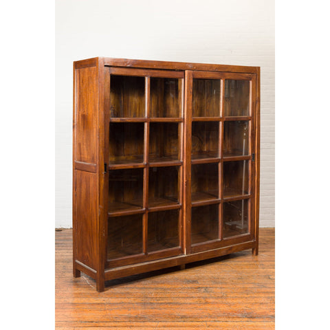 1940s Vintage Javanese Brown Wood Bookcase with Sliding Paneled Glass Doors-YN1394-2. Asian & Chinese Furniture, Art, Antiques, Vintage Home Décor for sale at FEA Home