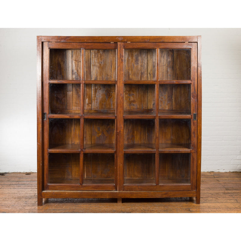 1940s Vintage Javanese Brown Wood Bookcase with Sliding Paneled Glass Doors-YN1394-3. Asian & Chinese Furniture, Art, Antiques, Vintage Home Décor for sale at FEA Home
