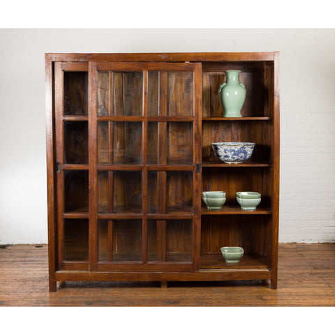 1940s Vintage Javanese Brown Wood Bookcase with Sliding Paneled Glass Doors-YN1394-4. Asian & Chinese Furniture, Art, Antiques, Vintage Home Décor for sale at FEA Home