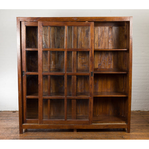 1940s Vintage Javanese Brown Wood Bookcase with Sliding Paneled Glass Doors-YN1394-5. Asian & Chinese Furniture, Art, Antiques, Vintage Home Décor for sale at FEA Home