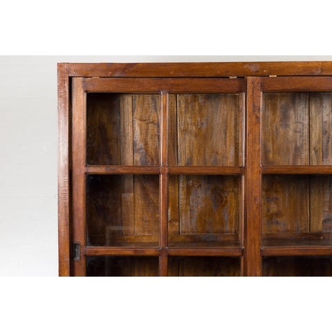 1940s Vintage Javanese Brown Wood Bookcase with Sliding Paneled Glass Doors-YN1394-6. Asian & Chinese Furniture, Art, Antiques, Vintage Home Décor for sale at FEA Home