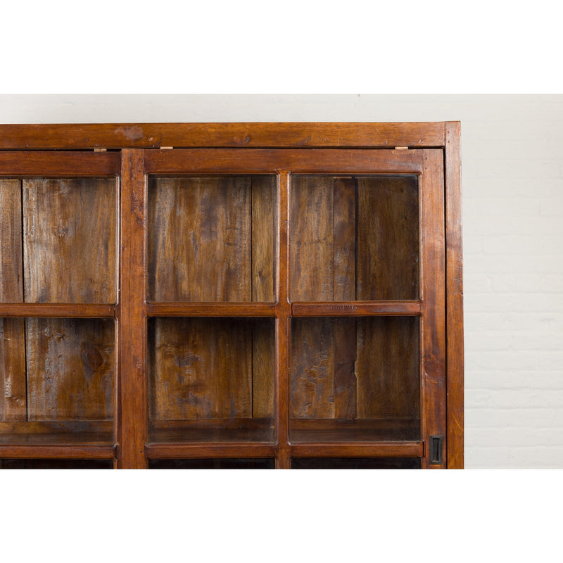 1940s Vintage Javanese Brown Wood Bookcase with Sliding Paneled Glass Doors-YN1394-7. Asian & Chinese Furniture, Art, Antiques, Vintage Home Décor for sale at FEA Home
