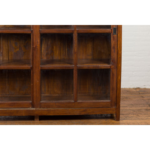 1940s Vintage Javanese Brown Wood Bookcase with Sliding Paneled Glass Doors-YN1394-8. Asian & Chinese Furniture, Art, Antiques, Vintage Home Décor for sale at FEA Home