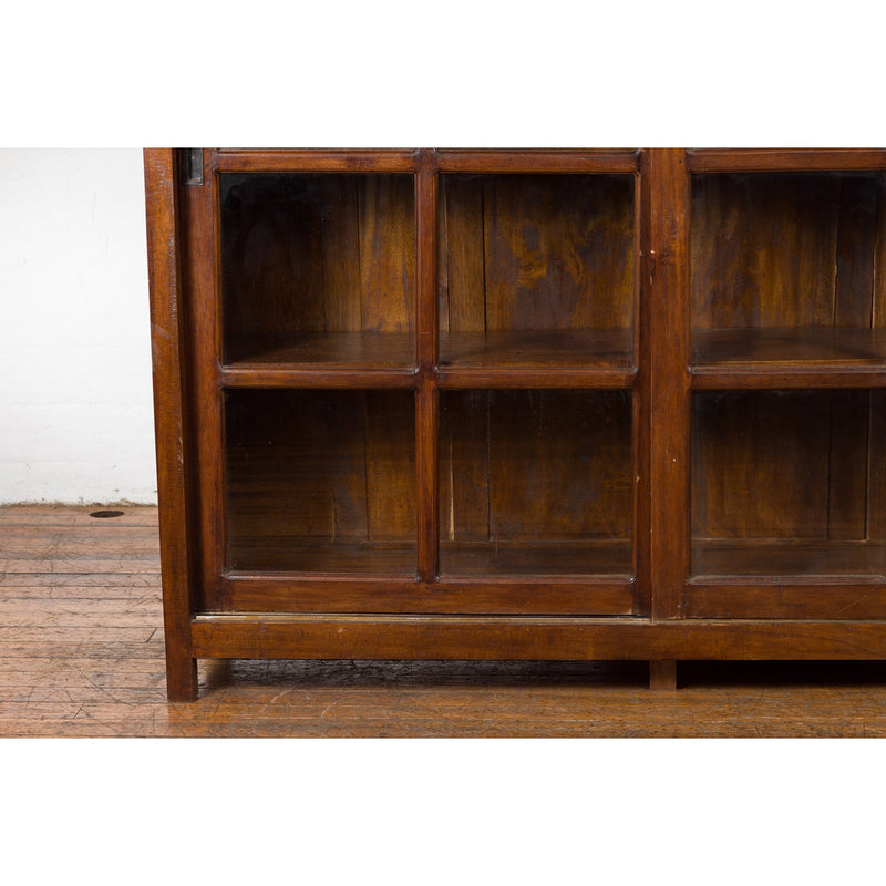 1940s Vintage Javanese Brown Wood Bookcase with Sliding Paneled Glass Doors-YN1394-9. Asian & Chinese Furniture, Art, Antiques, Vintage Home Décor for sale at FEA Home