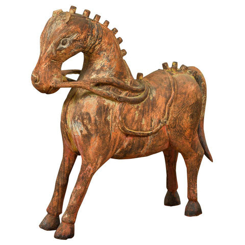 Small Vintage Indian Exterior Rust Colored and Carved Wooden Horse from Madras-YN6800-1. Asian & Chinese Furniture, Art, Antiques, Vintage Home Décor for sale at FEA Home