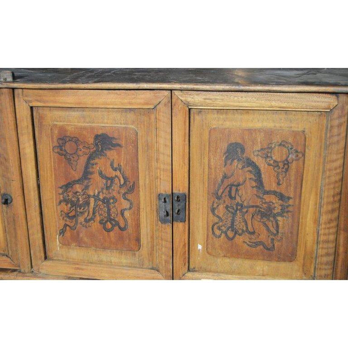 19th Century Chinese Four-Door Low Wooden Cabinet with Hand-Painted Scenes-3. Asian & Chinese Furniture, Art, Antiques, Vintage Home Décor for sale at FEA Home