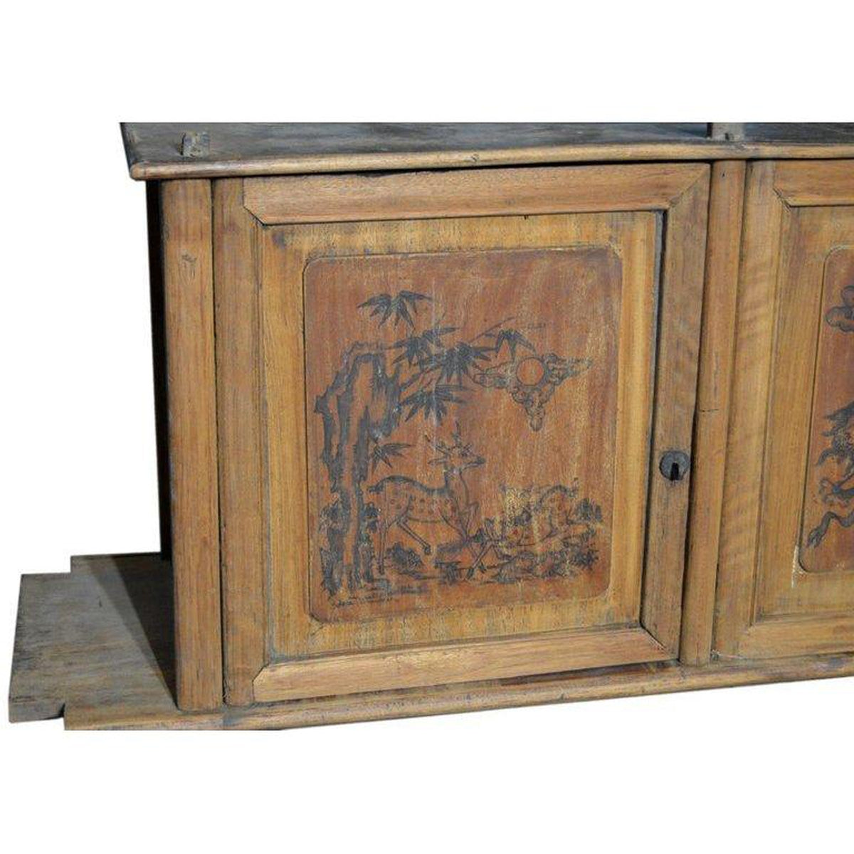 19th Century Chinese Four-Door Low Wooden Cabinet with Hand-Painted Scenes-4. Asian & Chinese Furniture, Art, Antiques, Vintage Home Décor for sale at FEA Home