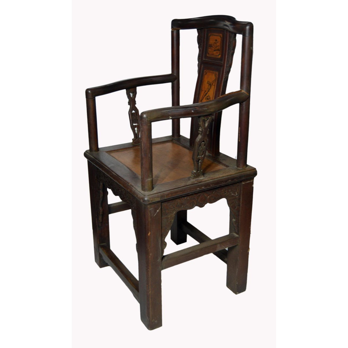19th Century Chinese Hand-Carved Yumu Wood Armchair with Painted Scenes-4. Asian & Chinese Furniture, Art, Antiques, Vintage Home Décor for sale at FEA Home