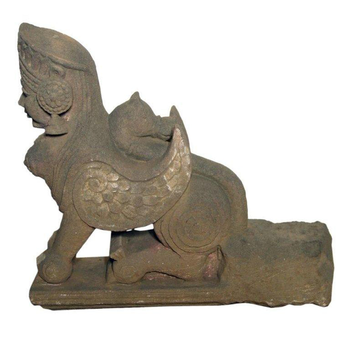 19th Century Hand-Carved Stone Sphinx Sculpture with Tiara and Earrings-12. Asian & Chinese Furniture, Art, Antiques, Vintage Home Décor for sale at FEA Home