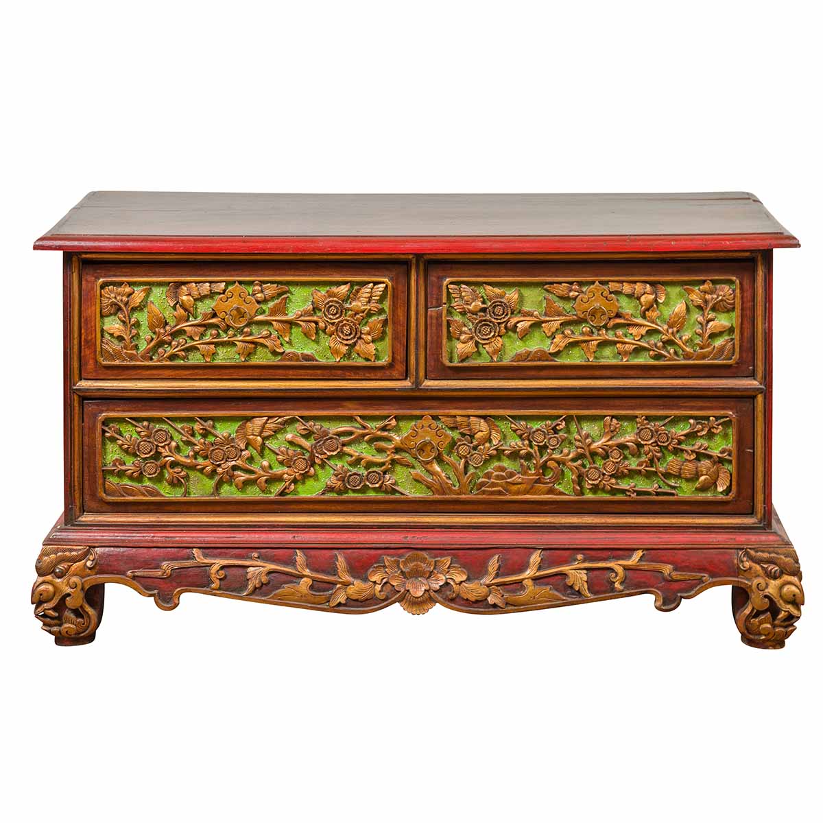 19th Century Madurese Polychrome Three-Drawer Dresser with Carved Floral Motif 19th Century Madurese Polychrome Three-Drawer Dresser with Carved Floral Motif