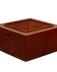 Rectangular keyaki wood hibachi with copper liner, open top, side handles, 19th century Japanese, on white background.