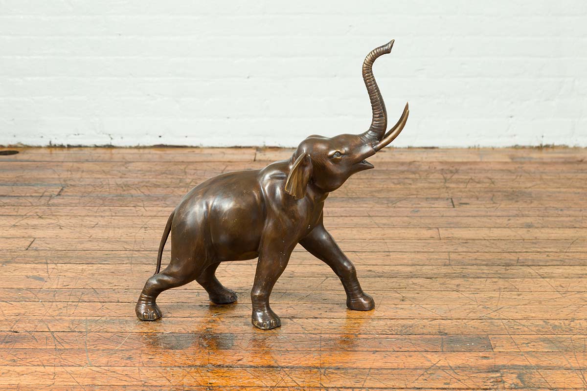 Contemporary Bronze Sculpture of a Trumpeting Elephant with Trunk Up-7. Asian & Chinese Furniture, Art, Antiques, Vintage Home Décor for sale at FEA Home