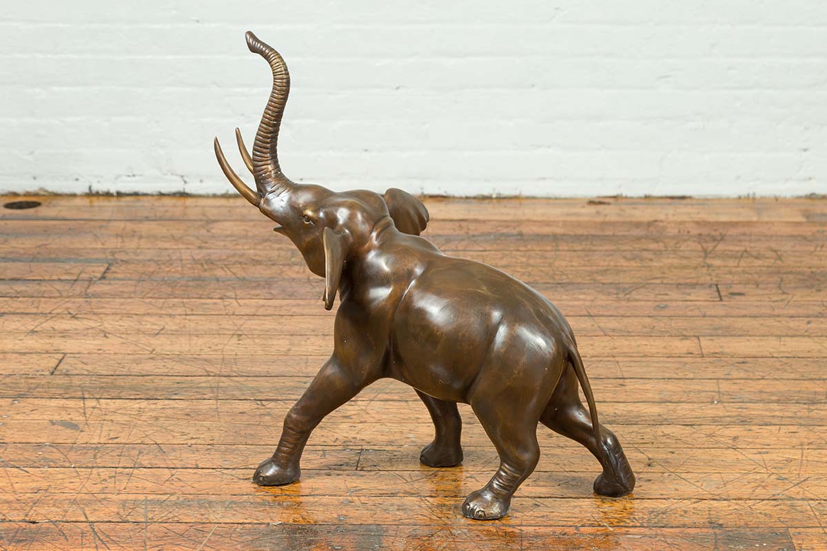 Contemporary Bronze Sculpture of a Trumpeting Elephant with Trunk Up-10. Asian & Chinese Furniture, Art, Antiques, Vintage Home Décor for sale at FEA Home