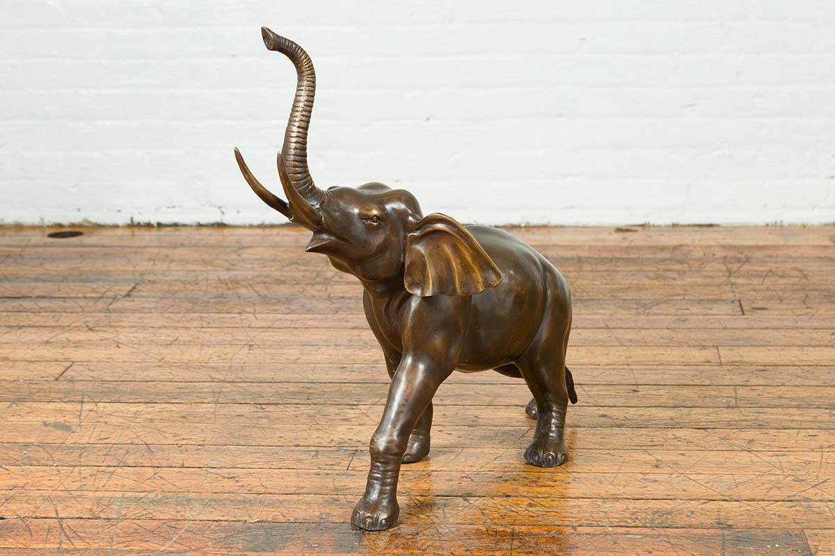 Contemporary Bronze Sculpture of a Trumpeting Elephant with Trunk Up-3. Asian & Chinese Furniture, Art, Antiques, Vintage Home Décor for sale at FEA Home