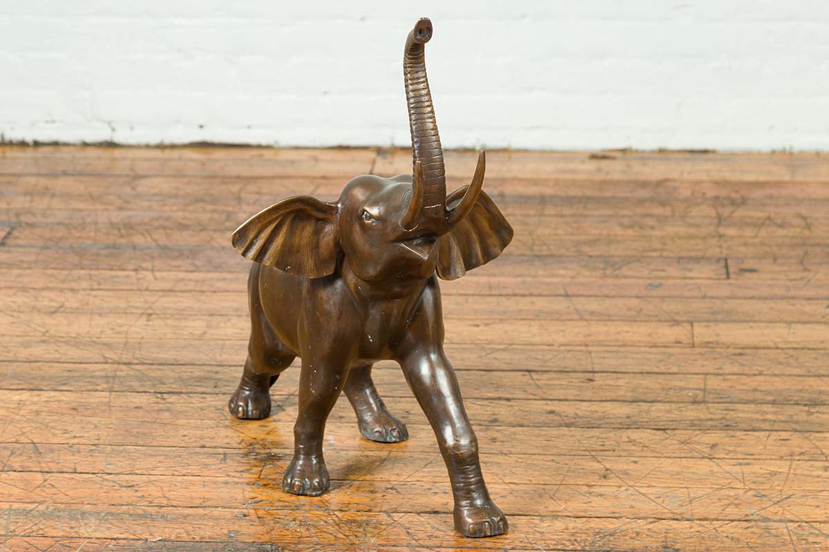 Contemporary Bronze Sculpture of a Trumpeting Elephant with Trunk Up-6. Asian & Chinese Furniture, Art, Antiques, Vintage Home Décor for sale at FEA Home