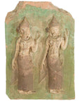 Green stone Thai wall plaque, close-up of carved ceremonial temple dancers in traditional attire.