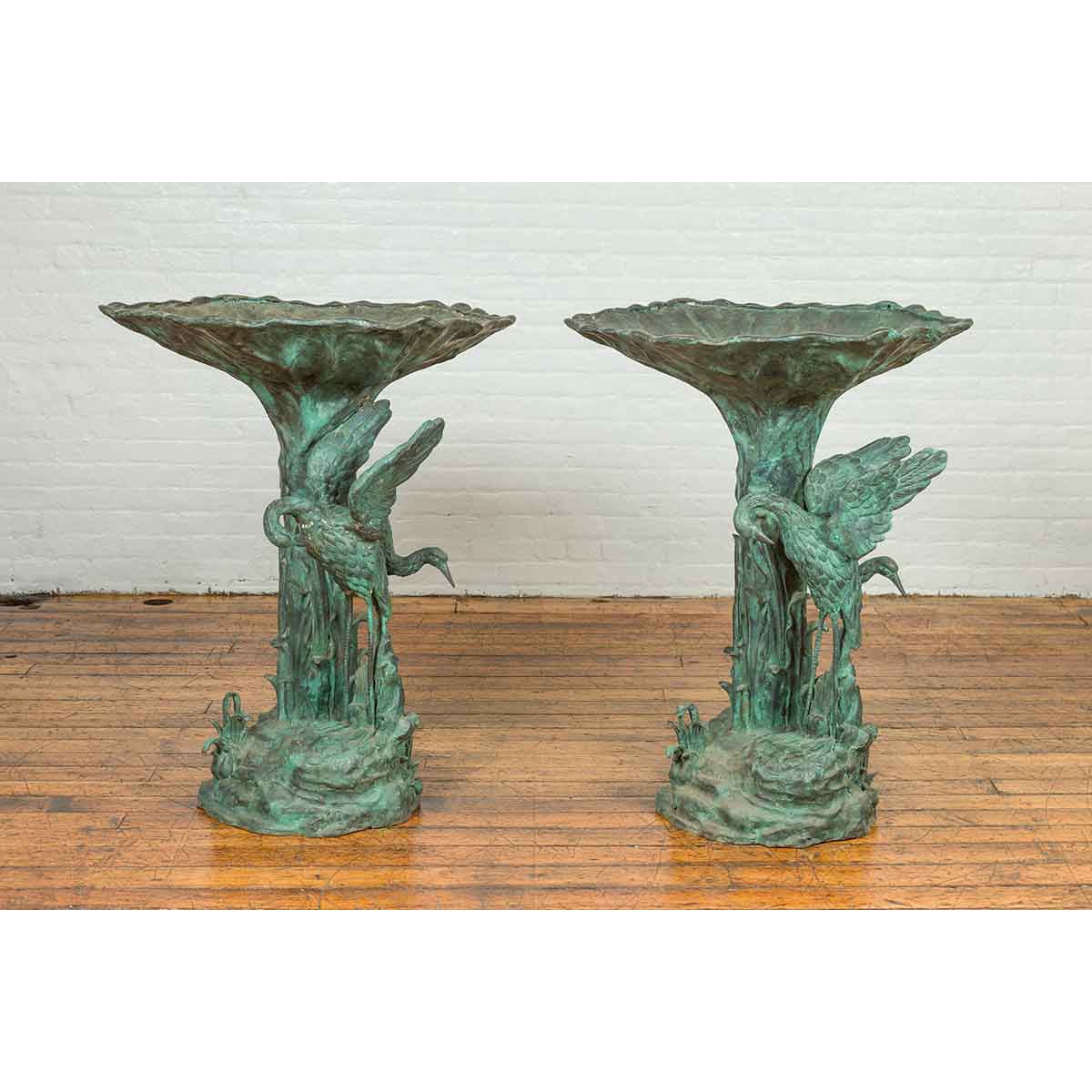 Contemporary Cast Bronze Planter with Cranes and Verdigris Patina-6. Asian & Chinese Furniture, Art, Antiques, Vintage Home Décor for sale at FEA Home