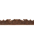 Brown teak wood architectural panel with carved floral and leaf patterns, rectangular strip, close-up view.