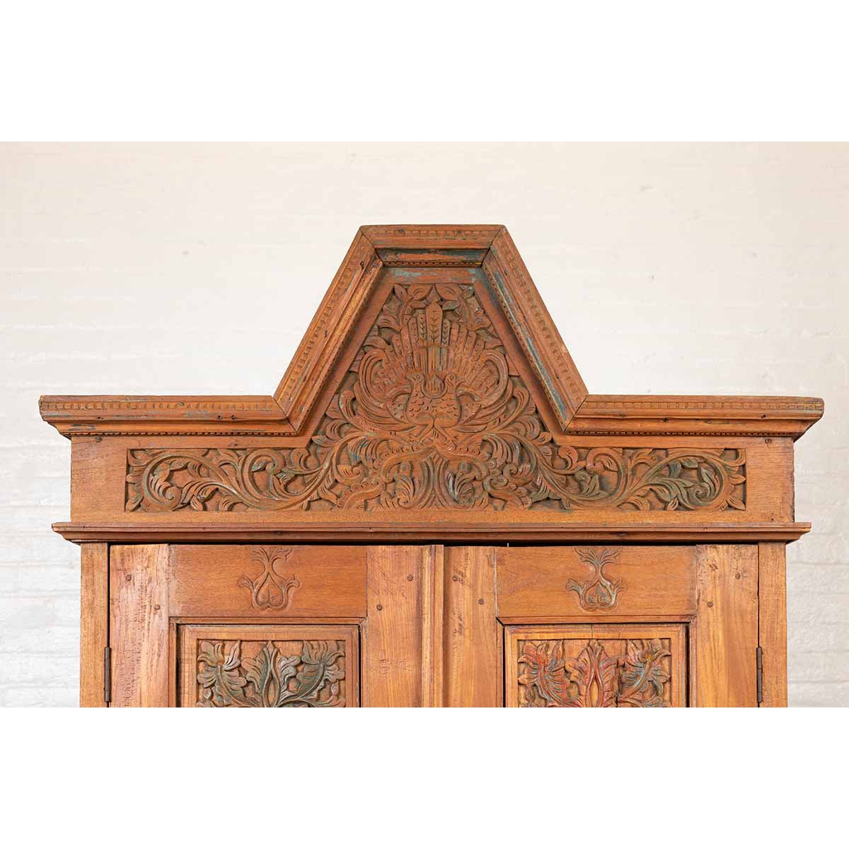 Antique Dutch Colonial Armoire with Low-Relief Carved Painted Birds and Foliage-9. Asian & Chinese Furniture, Art, Antiques, Vintage Home Décor for sale at FEA Home