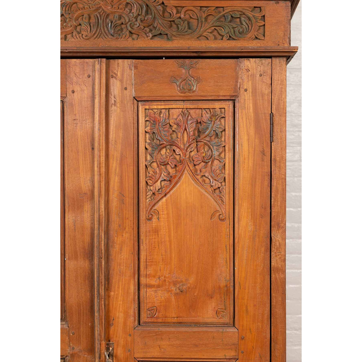 Antique Dutch Colonial Armoire with Low-Relief Carved Painted Birds and Foliage-10. Asian & Chinese Furniture, Art, Antiques, Vintage Home Décor for sale at FEA Home