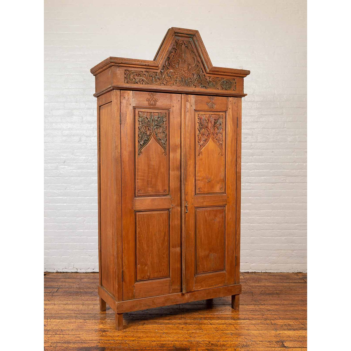 Antique Dutch Colonial Armoire with Low-Relief Carved Painted Birds and Foliage-4. Asian & Chinese Furniture, Art, Antiques, Vintage Home Décor for sale at FEA Home