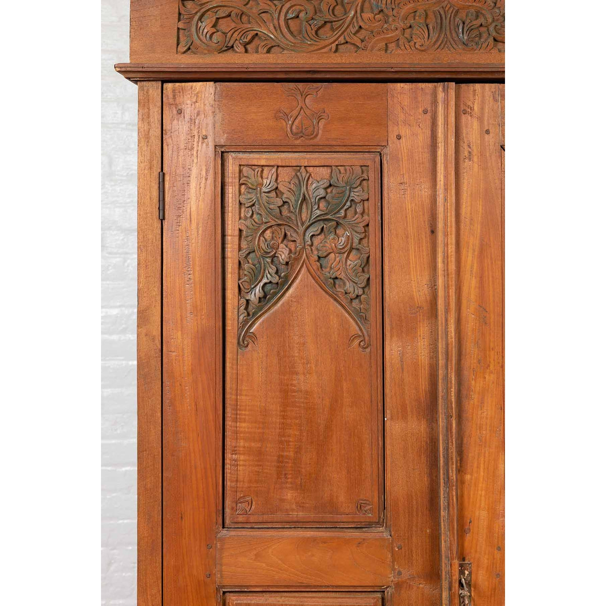 Antique Dutch Colonial Armoire with Low-Relief Carved Painted Birds and Foliage-7. Asian & Chinese Furniture, Art, Antiques, Vintage Home Décor for sale at FEA Home