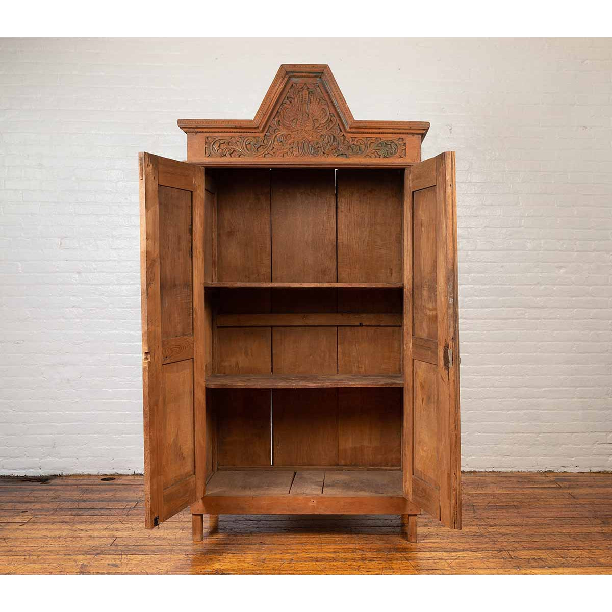Antique Dutch Colonial Armoire with Low-Relief Carved Painted Birds and Foliage-3. Asian & Chinese Furniture, Art, Antiques, Vintage Home Décor for sale at FEA Home