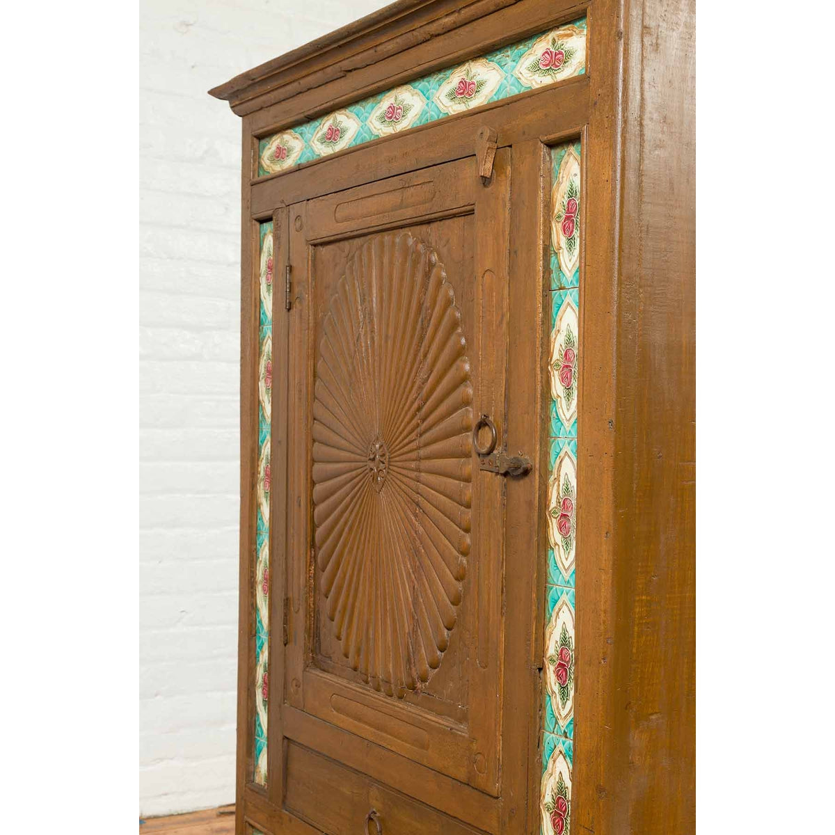 Indian Small Cabinet with Sunburst Design and Hand Painted Tiles with Rose Motif-5. Asian & Chinese Furniture, Art, Antiques, Vintage Home Décor for sale at FEA Home