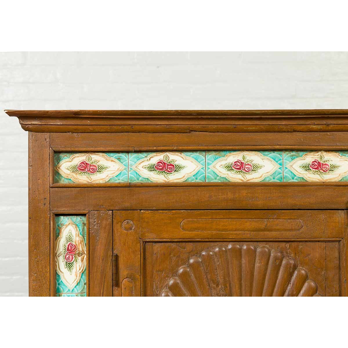 Indian Small Cabinet with Sunburst Design and Hand Painted Tiles with Rose Motif-6. Asian & Chinese Furniture, Art, Antiques, Vintage Home Décor for sale at FEA Home