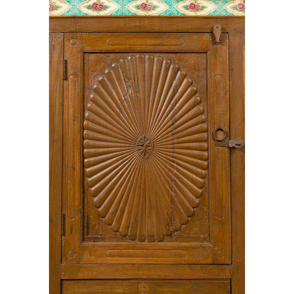 Indian Small Cabinet with Sunburst Design and Hand Painted Tiles with Rose Motif-7. Asian & Chinese Furniture, Art, Antiques, Vintage Home Décor for sale at FEA Home