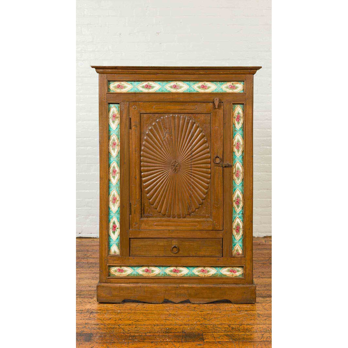 Indian Small Cabinet with Sunburst Design and Hand Painted Tiles with Rose Motif-4. Asian & Chinese Furniture, Art, Antiques, Vintage Home Décor for sale at FEA Home