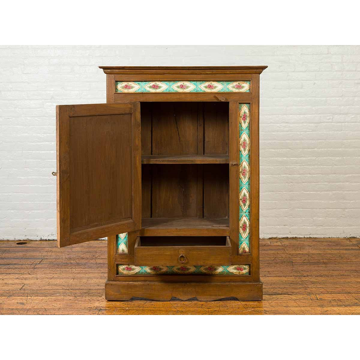 Indian Small Cabinet with Sunburst Design and Hand Painted Tiles with Rose Motif-3. Asian & Chinese Furniture, Art, Antiques, Vintage Home Décor for sale at FEA Home