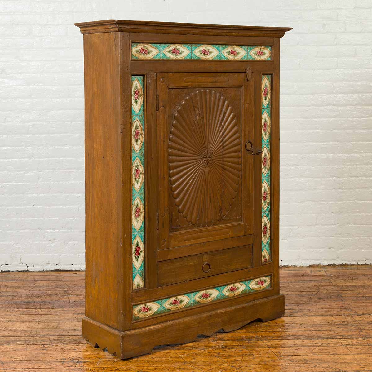 Indian Small Cabinet with Sunburst Design and Hand Painted Tiles with Rose Motif-12. Asian & Chinese Furniture, Art, Antiques, Vintage Home Décor for sale at FEA Home
