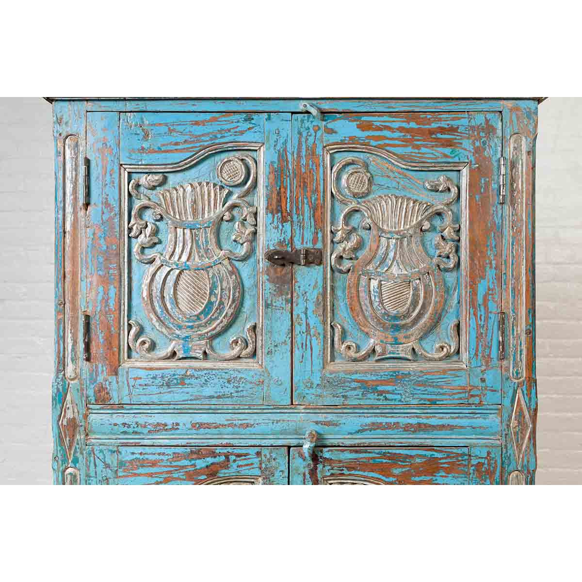 Antique Indian Distressed Wooden Cabinet with Hand Rubbed Blue Patina-12. Asian & Chinese Furniture, Art, Antiques, Vintage Home Décor for sale at FEA Home