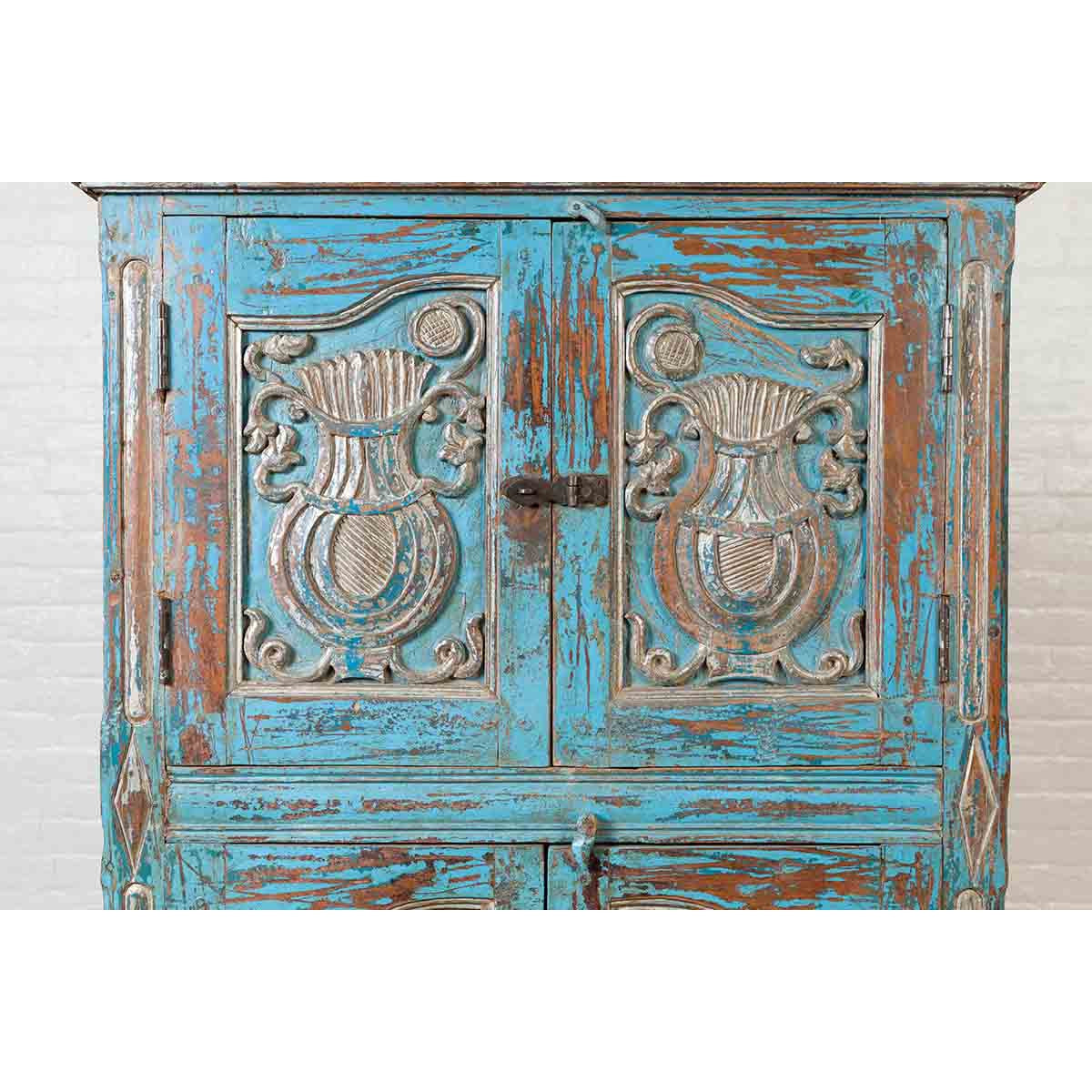 Antique Indian Distressed Wooden Cabinet with Hand Rubbed Blue Patina-13. Asian & Chinese Furniture, Art, Antiques, Vintage Home Décor for sale at FEA Home