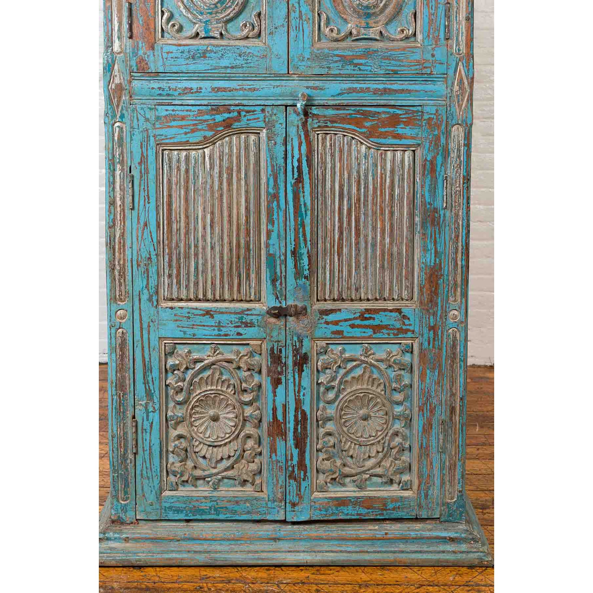 Antique Indian Distressed Wooden Cabinet with Hand Rubbed Blue Patina-14. Asian & Chinese Furniture, Art, Antiques, Vintage Home Décor for sale at FEA Home